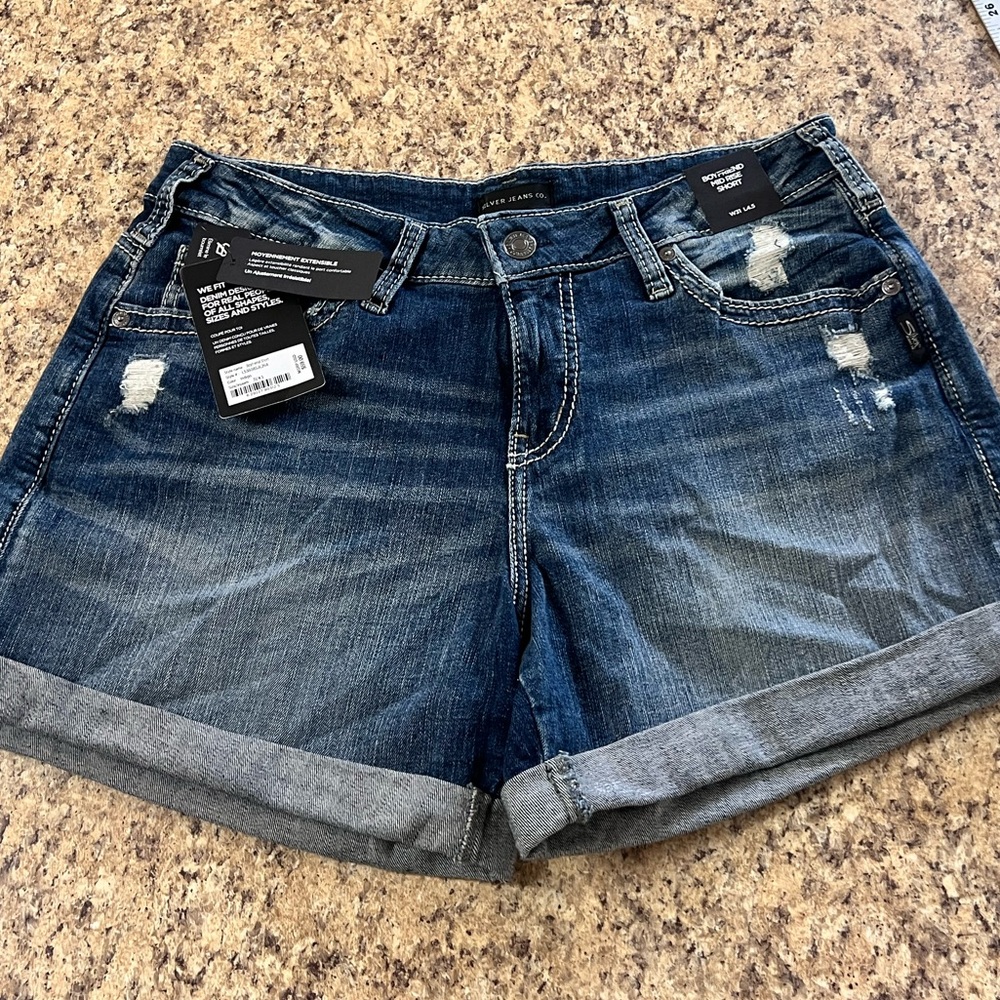 Silver Jeans Dark Blue Rolled Cuff Distressed Denim boyfriend mid rise Shorts 31